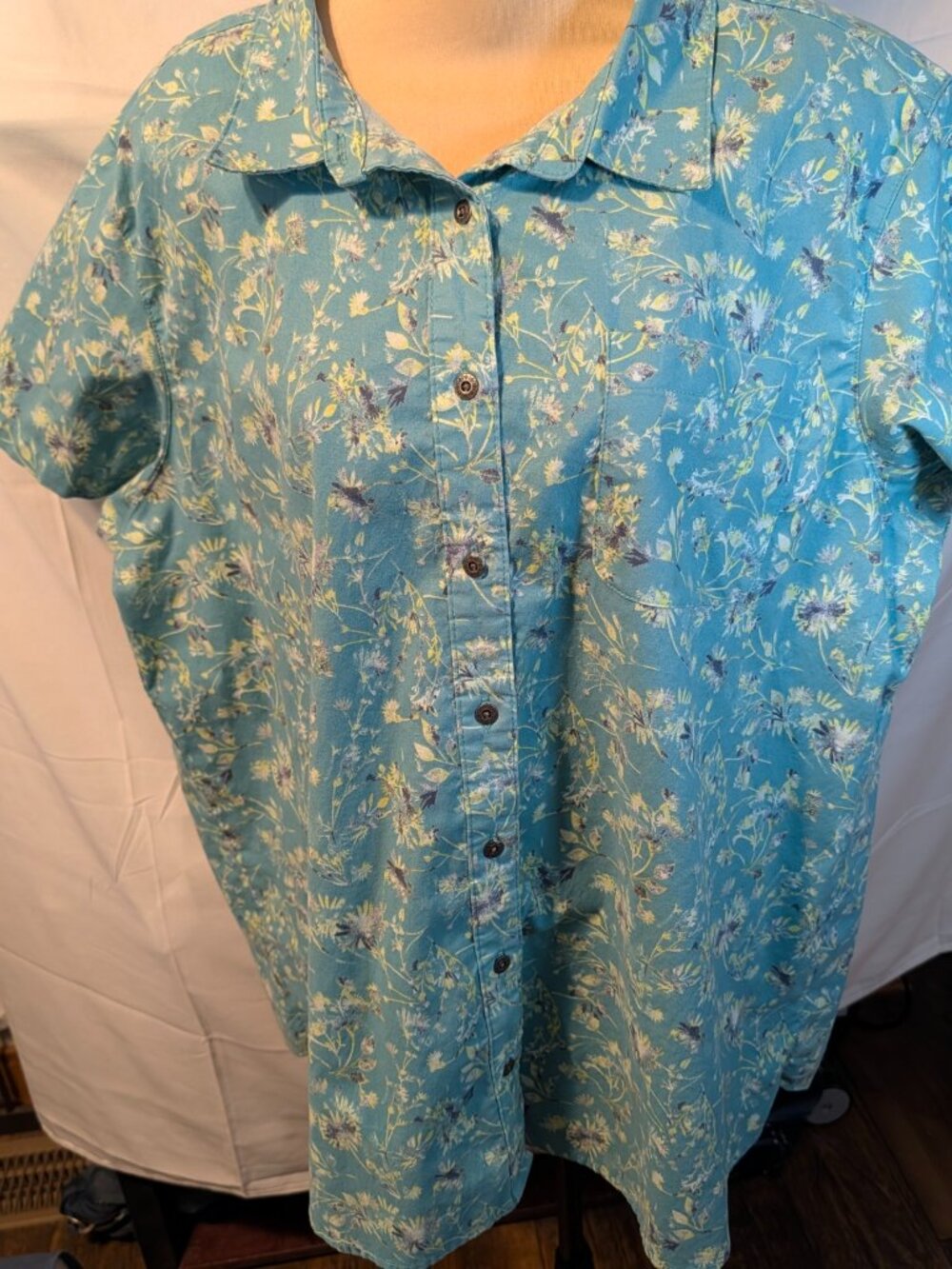 Noble Outfitters Shirt Womens XXL Teal Blue Floral/Pocket/Steel Buttons